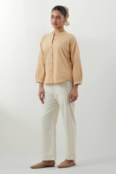 Buy Vinusto Beige Cotton Embroidery, Lace Round Neck Textured Shirt And Pant Set Online at Aza Fashions Buy_Vinusto_Beige Cotton Embroidery, Lace Round Neck Textured Shirt And Pant Set _Online_at_Aza_Fashions