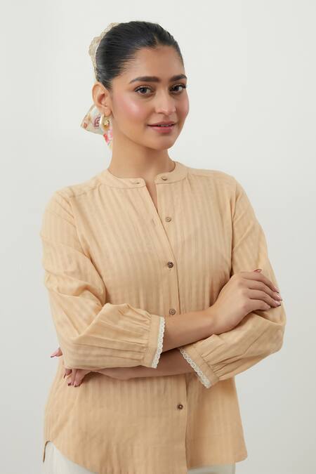 Shop Vinusto Beige Cotton Embroidery, Lace Round Neck Textured Shirt And Pant Set Online at Aza Fashions Shop_Vinusto_Beige Cotton Embroidery, Lace Round Neck Textured Shirt And Pant Set _Online_at_Aza_Fashions