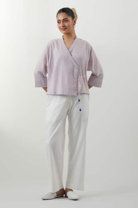 Vinusto Lavender Cotton Tassels V-neck Textured Shirt And Pant Set