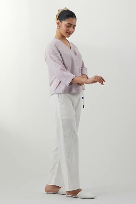 Vinusto_Lavender Cotton Tassels V-neck Textured Shirt And Pant Set _Online_at_Aza_Fashions