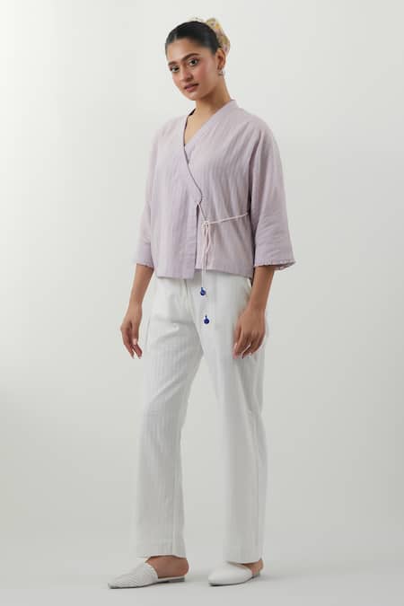 Buy_Vinusto_Lavender Cotton Tassels V-neck Textured Shirt And Pant Set _Online_at_Aza_Fashions