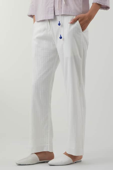 Shop_Vinusto_Lavender Cotton Tassels V-neck Textured Shirt And Pant Set _Online_at_Aza_Fashions