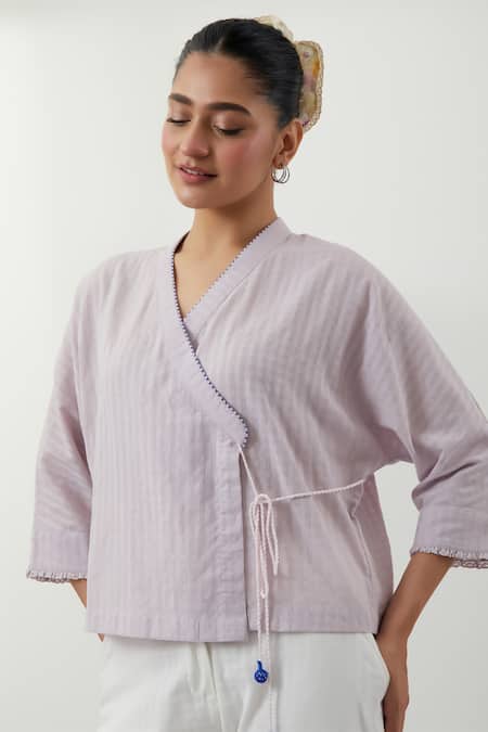 Vinusto_Lavender Cotton Tassels V-neck Textured Shirt And Pant Set _at_Aza_Fashions