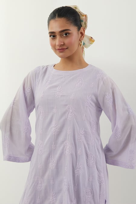 Buy_Vinusto_Lavender Cotton Embroidery Round Neck Striped Chikankari Kurta Set 