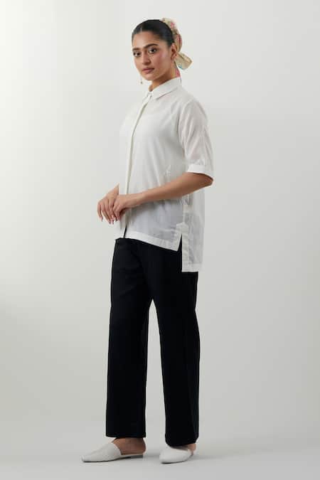 Shop_Vinusto_White Cotton Embroidery Collared Chikankari Shirt And Pant Set _Online_at_Aza_Fashions