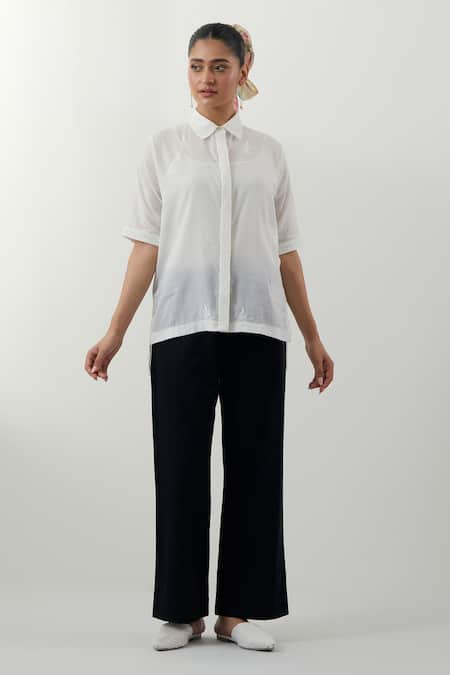 Vinusto White Cotton Embroidery Collared Chikankari Shirt And Pant Set
