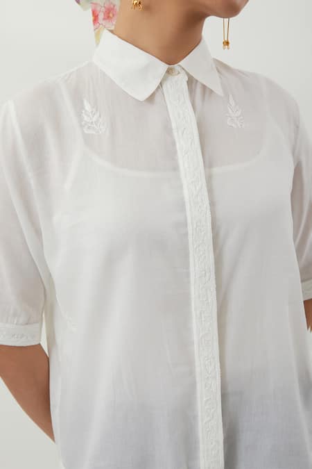 Buy_Vinusto_White Cotton Embroidery Collared Chikankari Shirt And Pant Set 