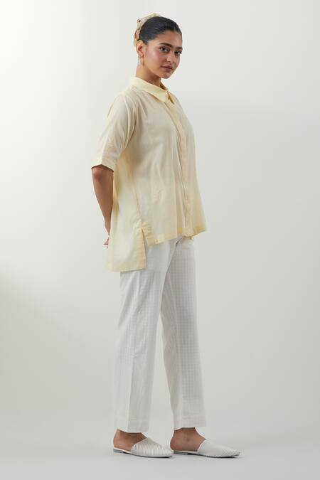 Buy_Vinusto_Yellow Cotton Embroidery Collared Butter Chikankari Shirt And Pant Set _Online_at_Aza_Fashions