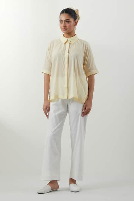 Vinusto Yellow Cotton Embroidery Collared Butter Chikankari Shirt And Pant Set 