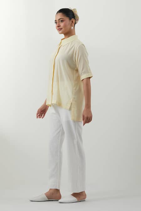 Shop_Vinusto_Yellow Cotton Embroidery Collared Butter Chikankari Shirt And Pant Set _Online_at_Aza_Fashions
