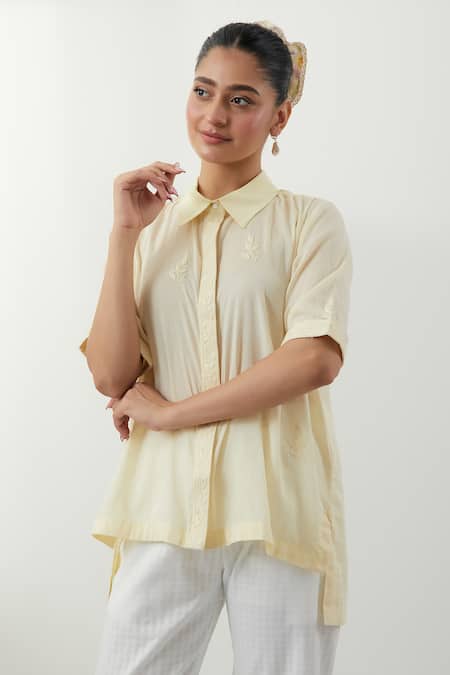 Buy_Vinusto_Yellow Cotton Embroidery Collared Butter Chikankari Shirt And Pant Set 