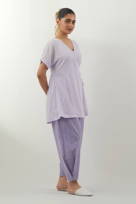 Shop_Vinusto_Lavender Cotton Embroidery Open Neck Stripe Chikankari Tunic And Pant Set _Online_at_Aza_Fashions
