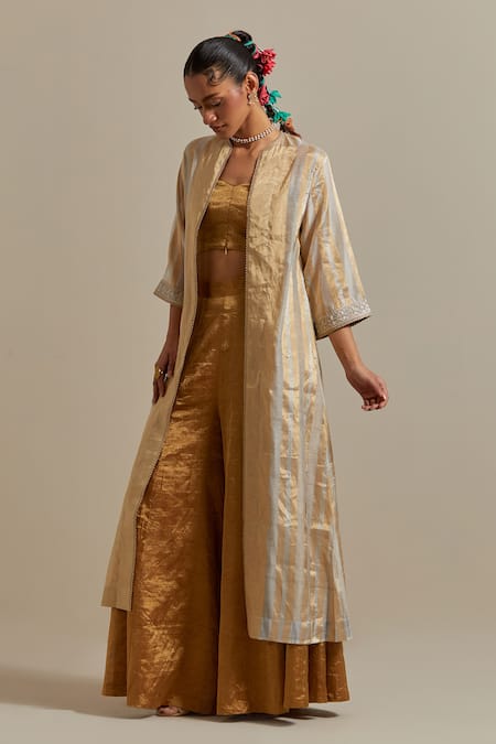 Shop_Vinusto_Gold Lace Round , Sweetheart And Ivory Handwoven Zari Jacket Set _Online_at_Aza_Fashions