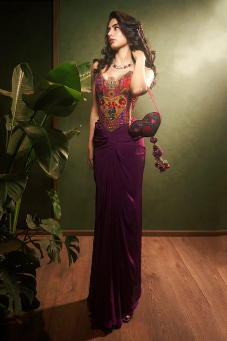 Torani_Purple Silk Beads, Embroidery Sweetheart Neck Dil Kusha Ursa Corset Set _Online_at_Aza_Fashions