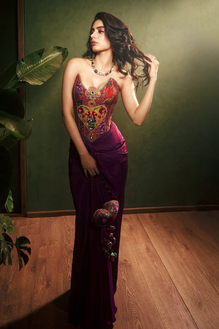 Shop_Torani_Purple Silk Beads, Embroidery Sweetheart Neck Dil Kusha Ursa Corset Set _Online_at_Aza_Fashions