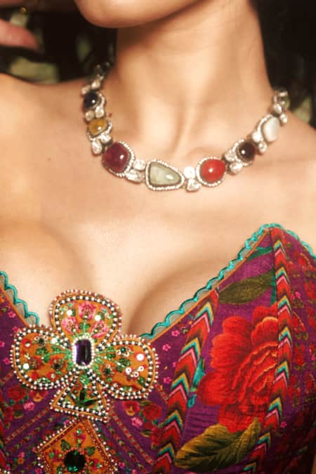 Torani_Purple Silk Beads, Embroidery Sweetheart Neck Dil Kusha Ursa Corset Set _at_Aza_Fashions