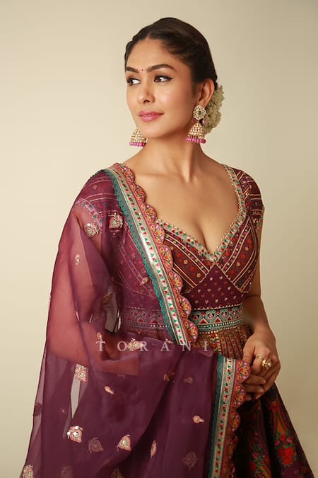 Torani_Purple Jersey, Organza Tassels, Embroidery V-neck Dil Kusha Zaiba Anarkali Set _Online_at_Aza_Fashions