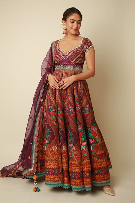 Torani Purple Jersey, Organza Tassels, Embroidery V-neck Dil Kusha Zaiba Anarkali Set 