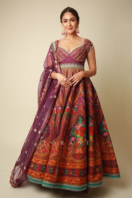 Buy_Torani_Purple Jersey, Organza Tassels, Embroidery V-neck Dil Kusha Zaiba Anarkali Set _Online_at_Aza_Fashions