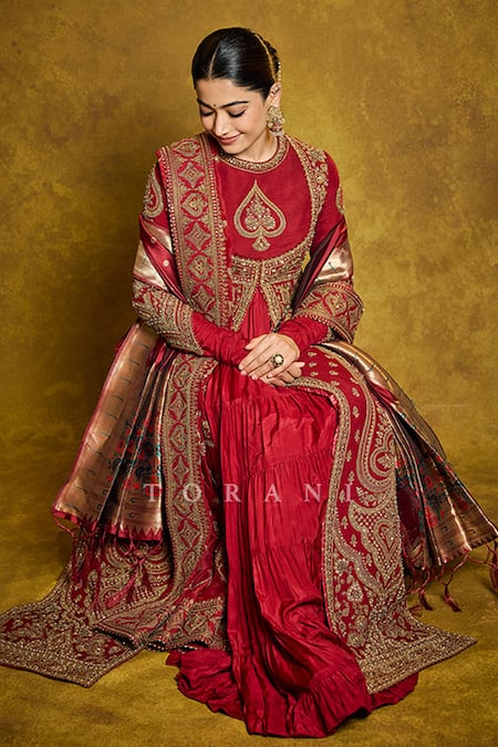 Torani Red Muslin, Silk Embroidery Round Neck Shamse Arshi Jacket Set 