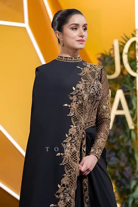 Shop_Torani_Black Embroidery High Neck Siyaahi Aadhira Corset Set _at_Aza_Fashions