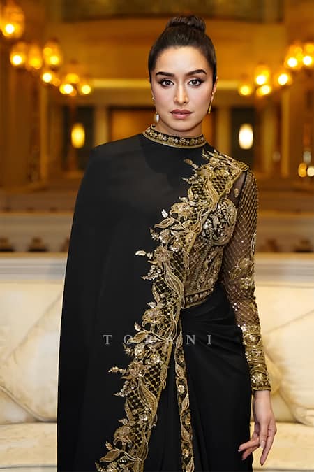Shop_Torani_Black Embroidery High Neck Siyaahi Aadhira Corset Set _Online_at_Aza_Fashions