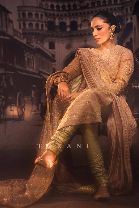 Buy_Torani_Green Jersey, Brocade, Silk, Tissue Zari, Talai Jahaanaara Khada Kurta Set_Online_at_Aza_Fashions