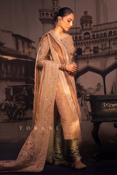 Shop_Torani_Green Jersey, Brocade, Silk, Tissue Zari, Talai Jahaanaara Khada Kurta Set_Online_at_Aza_Fashions