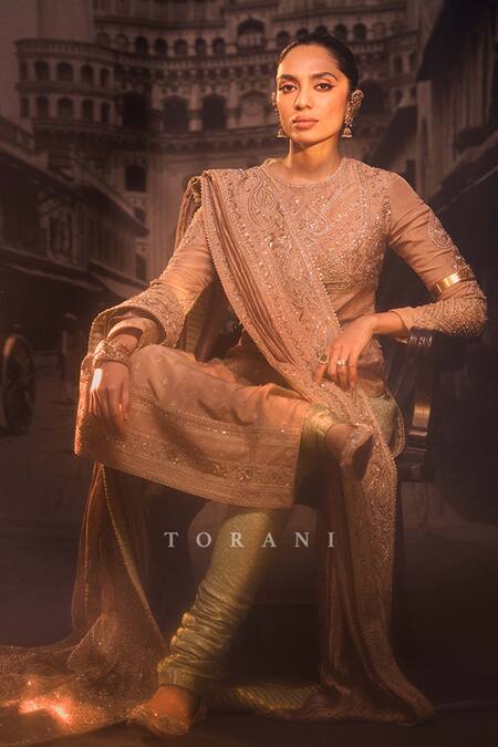 Torani_Green Jersey, Brocade, Silk, Tissue Zari, Talai Jahaanaara Khada Kurta Set_at_Aza_Fashions