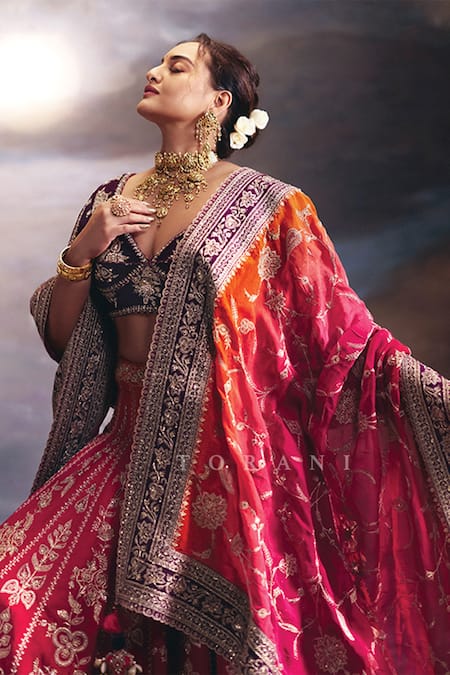 Shop_Torani_Blue Net, Organza Embroidery V-neck Ombre Saroj Naimisha Lehenga Set _at_Aza_Fashions