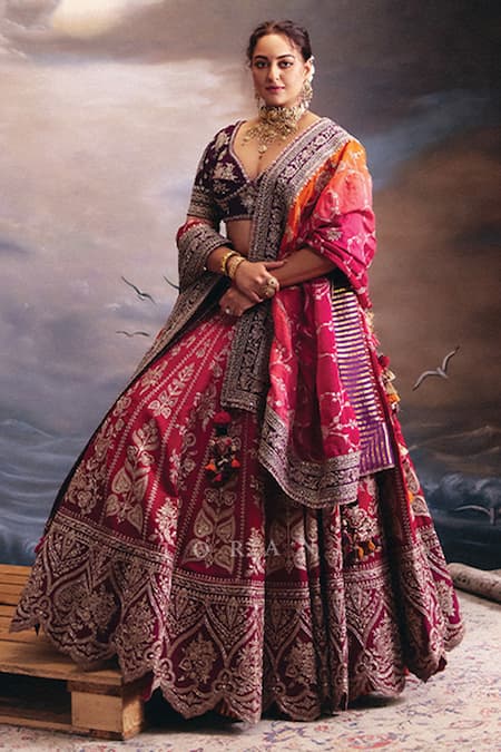 Torani Blue Net, Organza Embroidery V-neck Ombre Saroj Naimisha Lehenga Set 