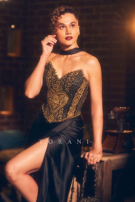 Torani_Black Satin, Lycra Embroidery, Beads Sweetheart Syah Akira Corset And Skirt Set _Online_at_Aza_Fashions