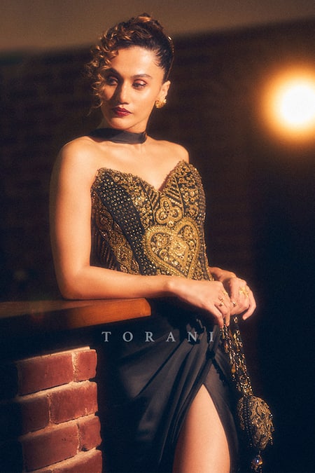 Shop_Torani_Black Satin, Lycra Embroidery, Beads Sweetheart Syah Akira Corset And Skirt Set _Online_at_Aza_Fashions