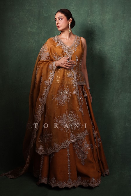 Torani Yellow Silk, Organza Sequins, Embroidery V-neck Ochre Lehenga Set 