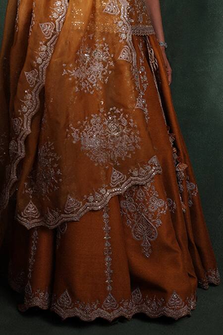 Buy_Torani_Yellow Silk, Organza Sequins, Embroidery V-neck Ochre Lehenga Set_Online_at_Aza_Fashions