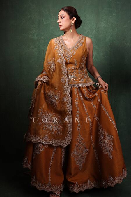 Shop_Torani_Yellow Silk, Organza Sequins, Embroidery V-neck Ochre Lehenga Set_Online_at_Aza_Fashions