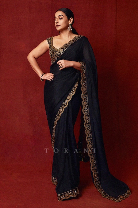Shop Torani Black Georgette Embroidery Round Neck Siyaahi Aparna Saree Set at Aza Fashions Shop_Torani_Black Georgette Embroidery Round Neck Siyaahi Aparna Saree Set _at_Aza_Fashions