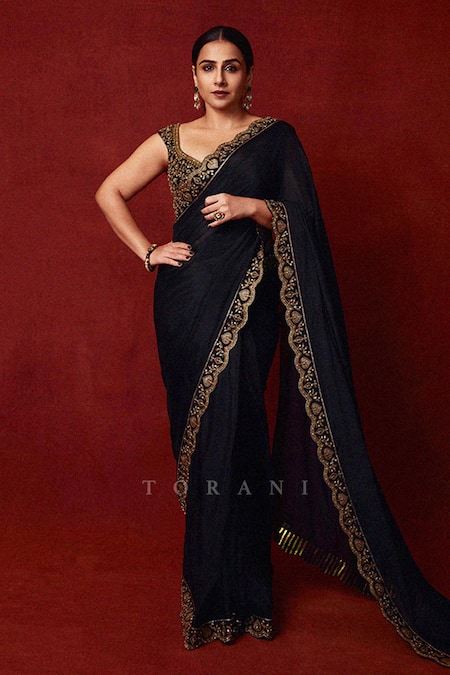 Torani Black Georgette Embroidery Round Neck Siyaahi Aparna Saree Set 