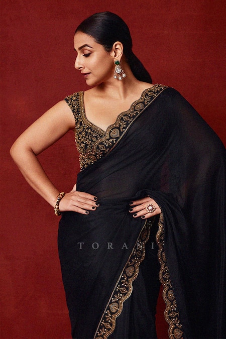 Shop Torani Black Georgette Embroidery Round Neck Siyaahi Aparna Saree Set Online at Aza Fashions Shop_Torani_Black Georgette Embroidery Round Neck Siyaahi Aparna Saree Set _Online_at_Aza_Fashions