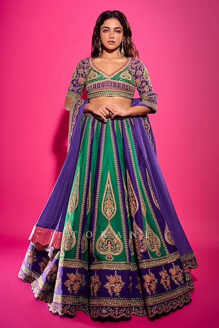Torani Purple Georgette Embroidery Round Neck Baghan Morni Lehenga Set 