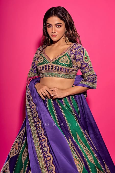 Torani Purple Georgette Embroidery Round Neck Baghan Morni Lehenga Set at Aza Fashions Torani_Purple Georgette Embroidery Round Neck Baghan Morni Lehenga Set_at_Aza_Fashions