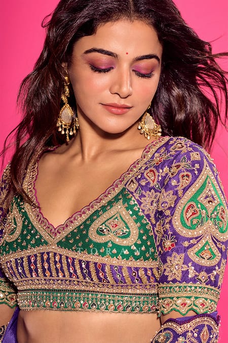 Shop Torani Purple Georgette Embroidery Round Neck Baghan Morni Lehenga Set Shop_Torani_Purple Georgette Embroidery Round Neck Baghan Morni Lehenga Set