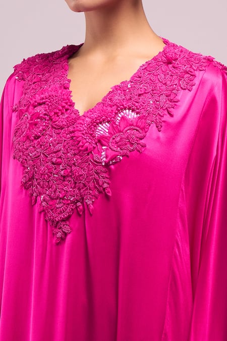 Shop_Anamika Khanna_Fuchsia Embroidery V-neck Kaftan And Pant Set _Online_at_Aza_Fashions