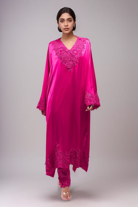 Anamika Khanna Fuchsia Embroidery V-neck Kaftan And Pant Set 