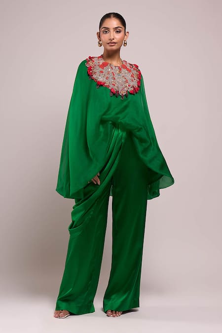 Anamika Khanna_Emerald Green Round Neck Embroidered Cape And Pant Set _Online_at_Aza_Fashions
