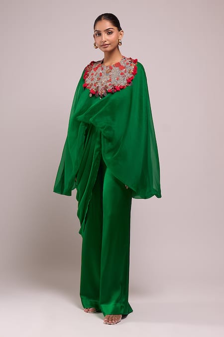 Shop_Anamika Khanna_Emerald Green Round Neck Embroidered Cape And Pant Set _Online_at_Aza_Fashions