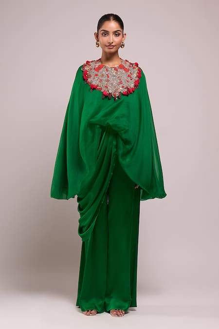 Anamika Khanna_Emerald Green Round Neck Embroidered Cape And Pant Set _at_Aza_Fashions