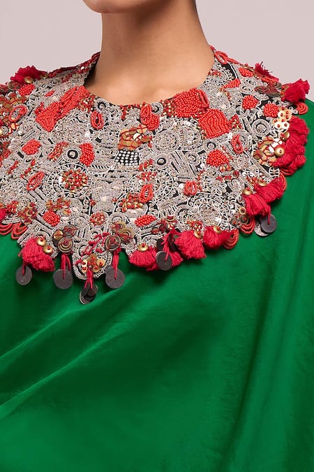 Shop_Anamika Khanna_Emerald Green Round Neck Embroidered Cape And Pant Set 