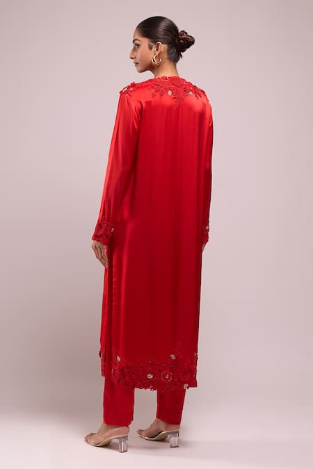 Anamika Khanna Red Embroidered Kurta Pant Dupatta Set 