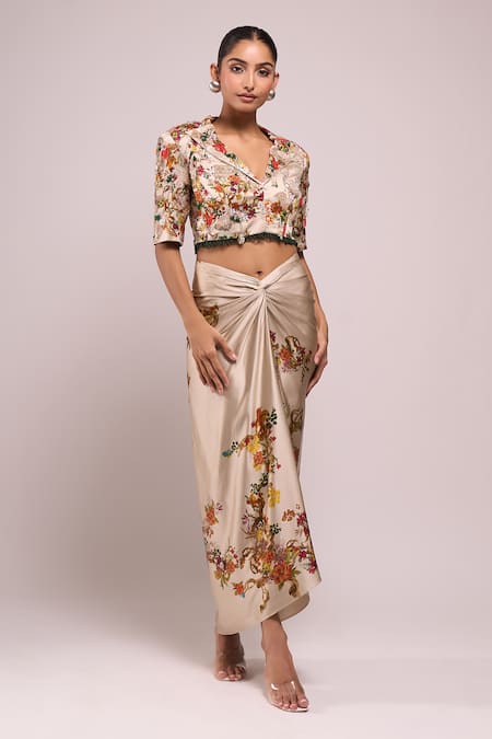 Anamika Khanna_Ivory Embroidery V-neck Draped Skirt And Jacket Set _Online_at_Aza_Fashions